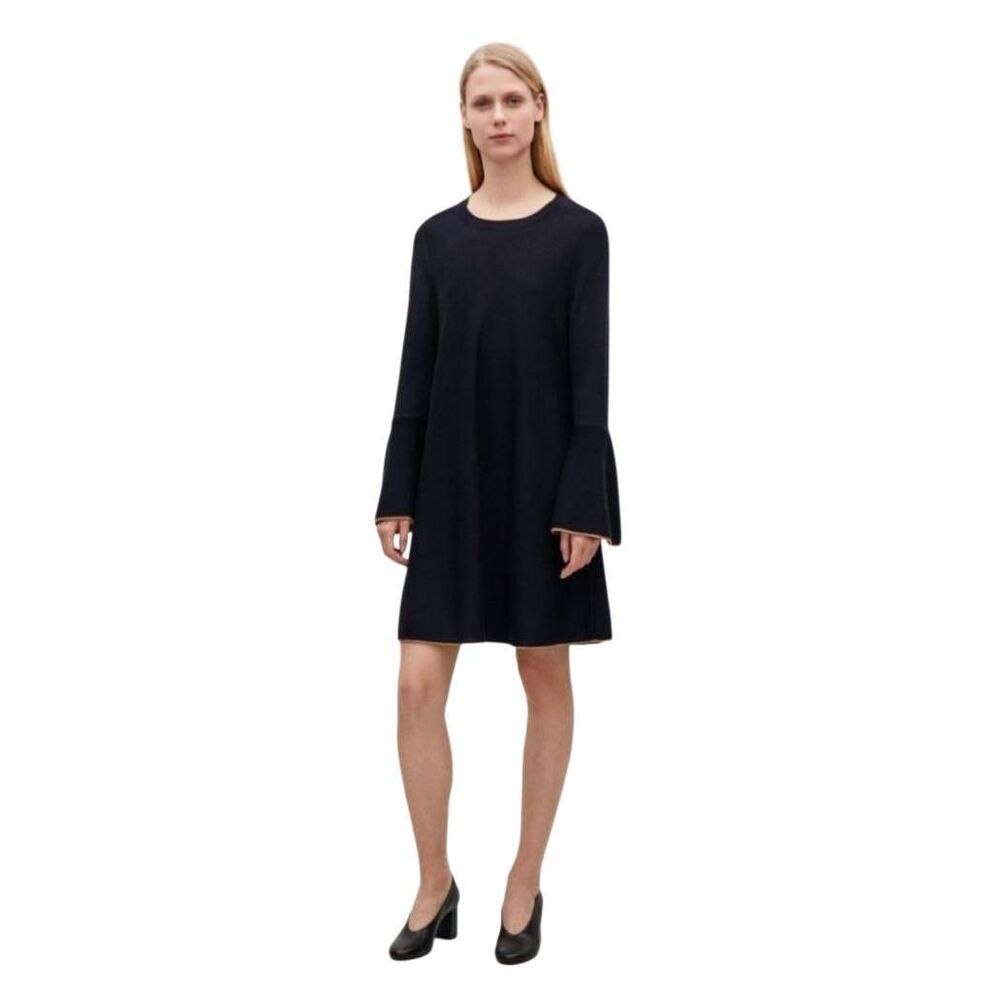 New‎ COS Merino Wool Sweater Dress Womens Small Navy Blue Bell Sleeve A-line